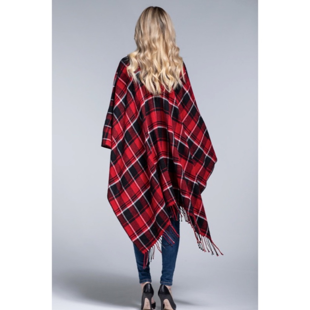 SOLD OUT Red Black Plaid Blanket Ruana Knit Fall Winter Fringe Open Poncho Wrap - Picture 7 of 7